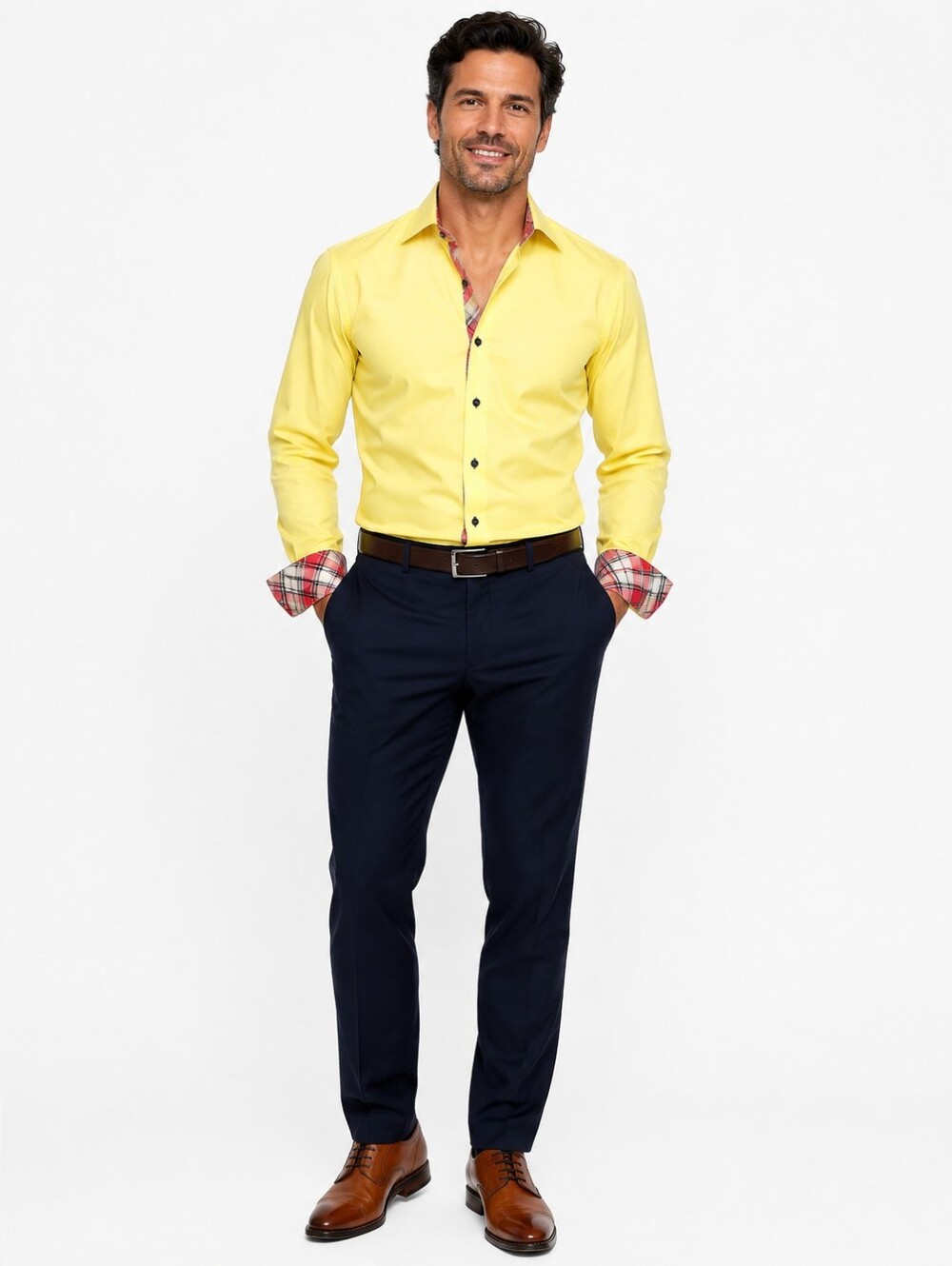 COOGI Classic Yellow Dress Shirt French Cuffs Plaid Trim Mens 16 34/35